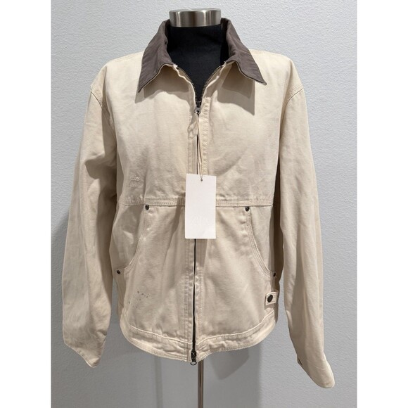 ZARA Men Paint Splatter Denim Jacket Contrast Collar Medium Oyster White - Picture 4 of 16